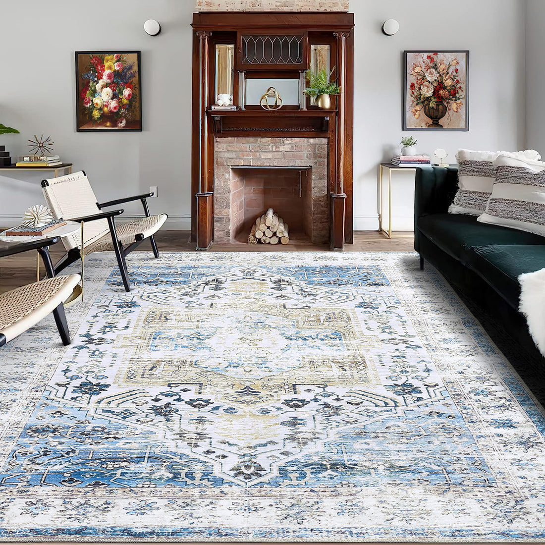 Garvee Vintage Rug 9x12 Distressed Area Rugs Machine Washable Rug Blue Indoor Floor Cover Carpet Rug Soft Velvet Mat Foldable Accent Rug for Living Room Bedroom Dining Room, Blue