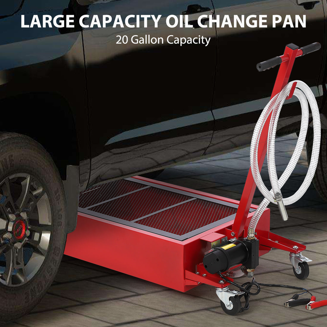 Garvee 20 Gal Electric Oil Drain Pan with 12V Pump & 7.5 Ft Hose, Low Profile & T Folding Handle Oil Drain Cart for Truck Cars SUVs