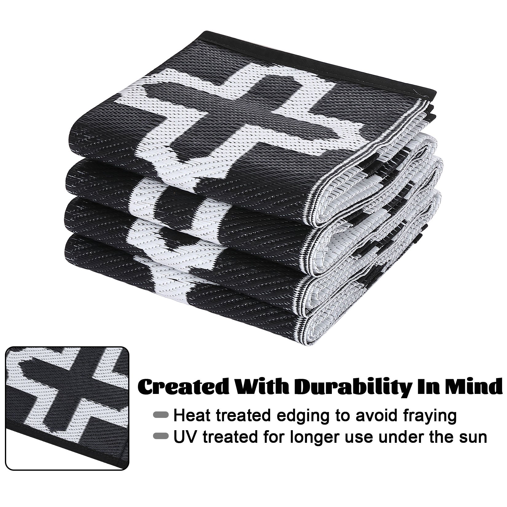 Garvee Outdoor Black & White 6x9 Rug, Waterproof Reversible Plastic Straw Geometric Carpet for Camping, RV, Backyard, Deck, Patio