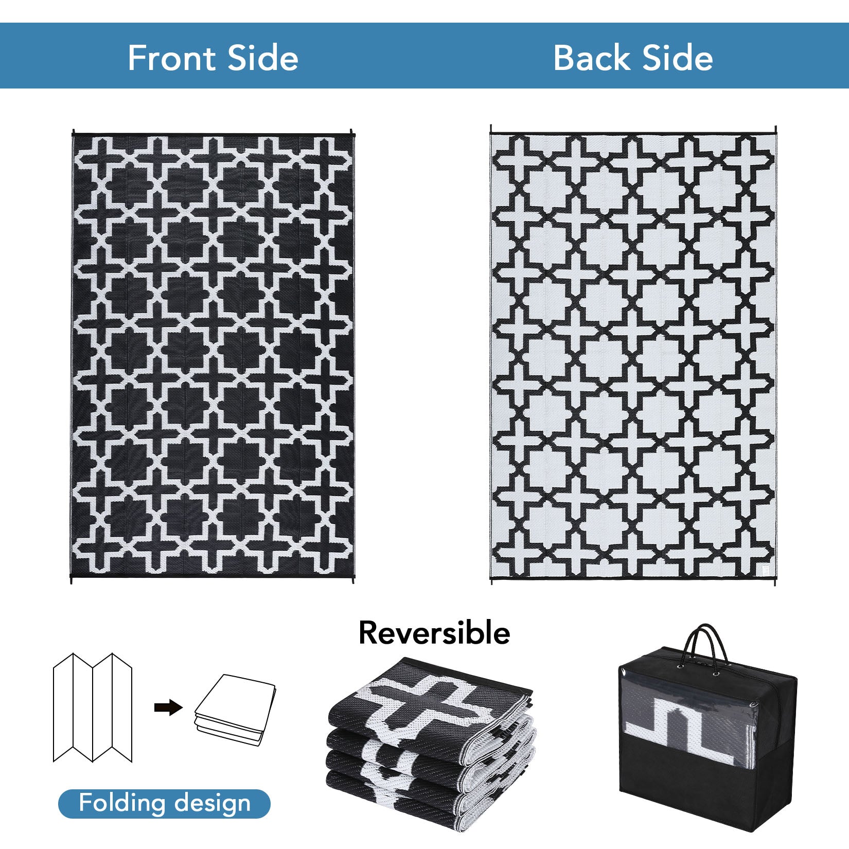 Garvee Outdoor Black & White 5x8 Rug, Waterproof Reversible Plastic Straw Geometric Carpet for Camping, RV, Backyard, Deck, Patio