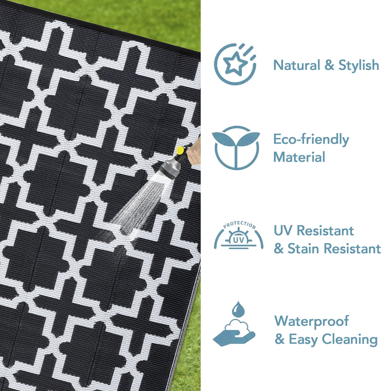 Garvee Outdoor Black & White 6x9 Rug, Waterproof Reversible Plastic Straw Geometric Carpet for Camping, RV, Backyard, Deck, Patio