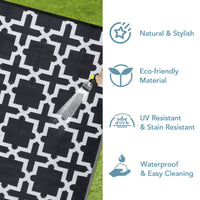Garvee Outdoor Black & White 6x9 Rug, Waterproof Reversible Plastic Straw Geometric Carpet for Camping, RV, Backyard, Deck, Patio