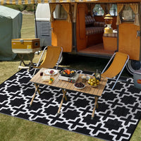 Garvee Outdoor Black & White 6x9 Rug, Waterproof Reversible Plastic Straw Geometric Carpet for Camping, RV, Backyard, Deck, Patio