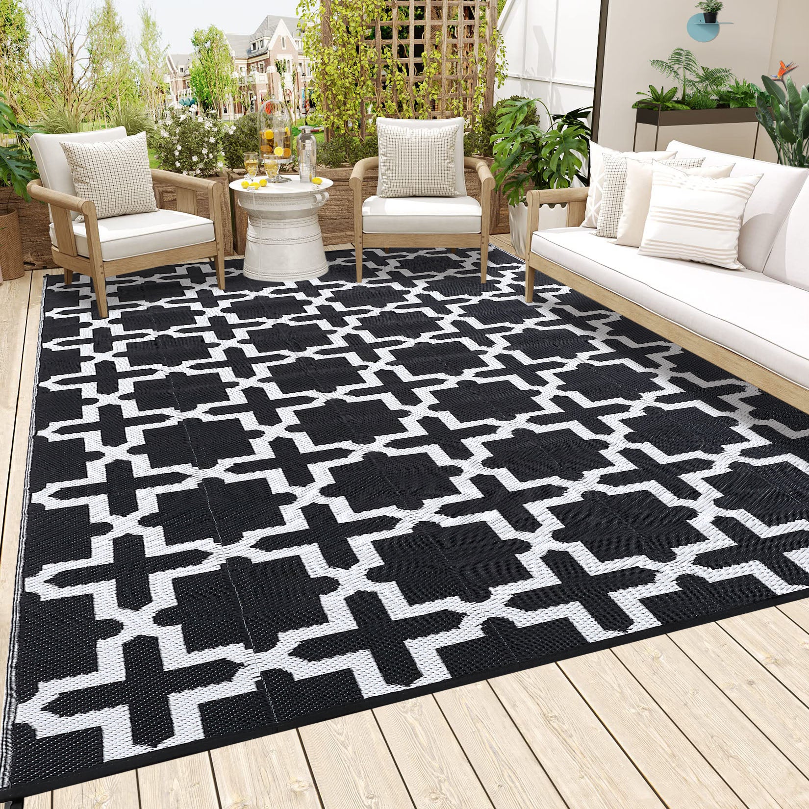 Garvee Outdoor Black & White 6x9 Rug, Waterproof Reversible Plastic Straw Geometric Carpet for Camping, RV, Backyard, Deck, Patio