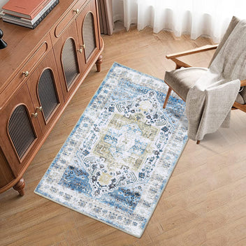 Garvee Area Rug 2x3 Machine Washable Rug Blue Vintage Distressed Area Rugs Indoor Floor Cover Carpet Rug Soft Velvet Mat Foldable Accent Rug for Living Room Bedroom, 2'x3', Blue