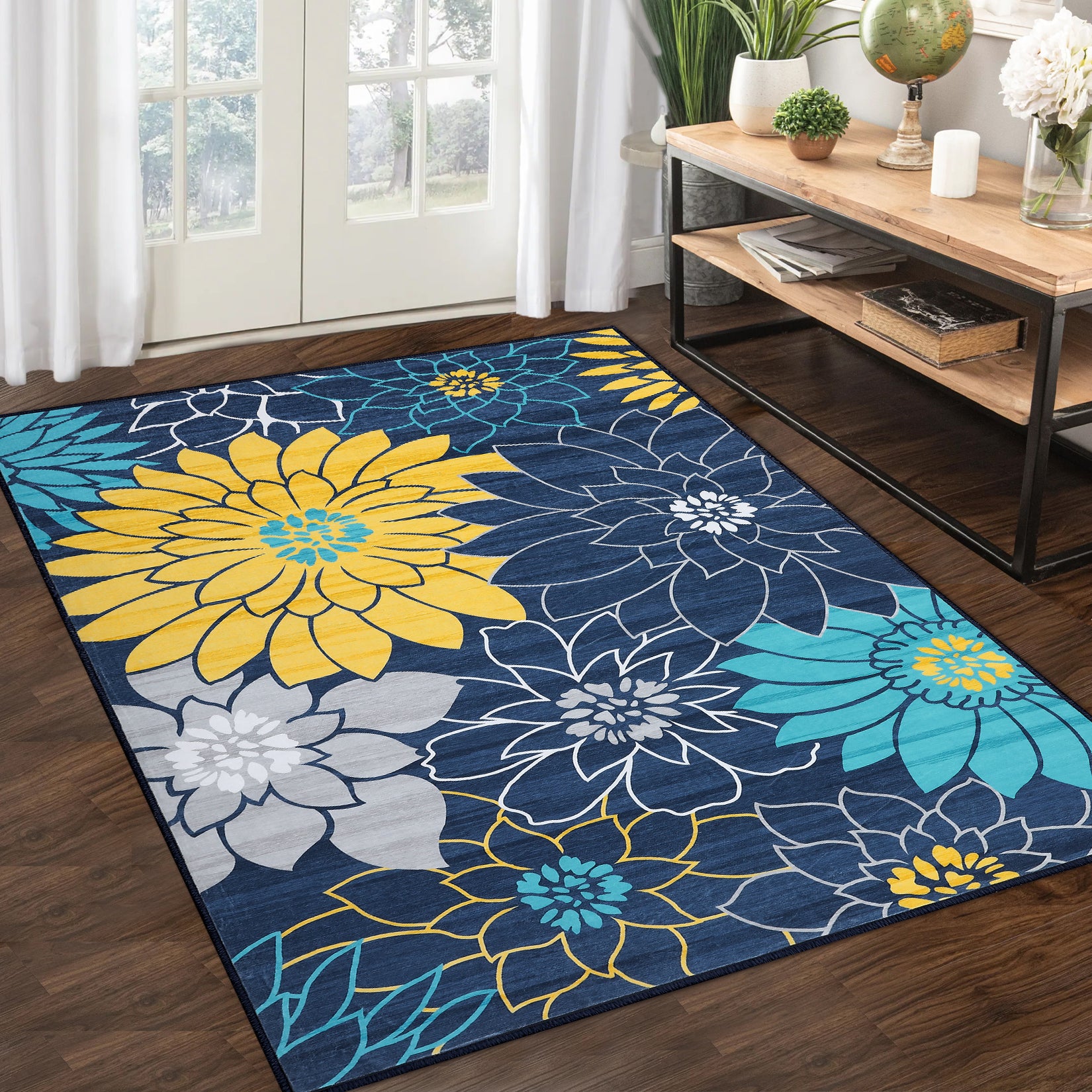 Garvee Floral Farmhouse Distressed 9x12 Area Rug | Washable Non-Slip Low Pile & Non-Shedding | Large Accent Rug for Living Room, Bedroom Decor