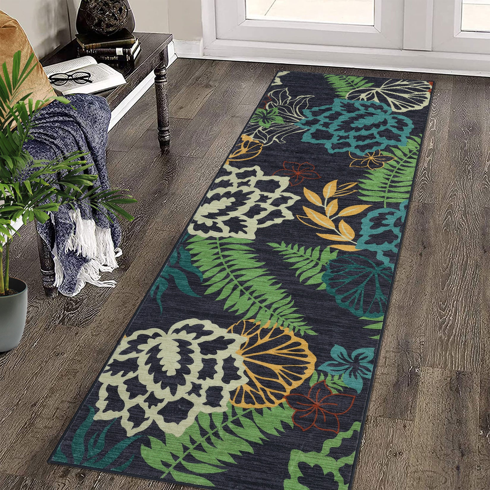 Garvee Modern Floral Runner Rug 2x6 | Washable & Non-Slip | Polyester | Low Pile | Bedroom & Living Room | Green