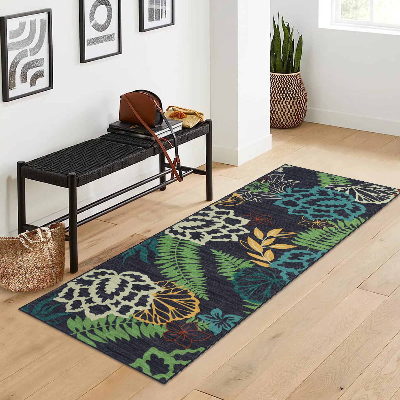 Garvee Modern Floral Runner Rug 2x6 | Washable & Non-Slip | Polyester | Low Pile | Bedroom & Living Room | Green