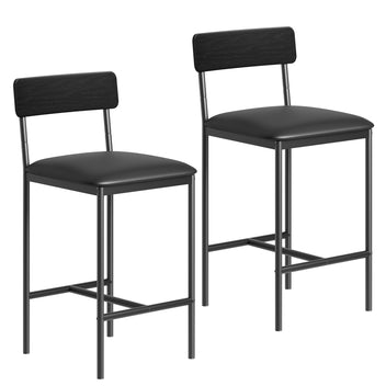 Garvee Bar Stools Set of 2 with Footrest, PU Upholstered Chairs, Metal Frame, Easy Assembly, for Kitchen Island Dining Room, Black