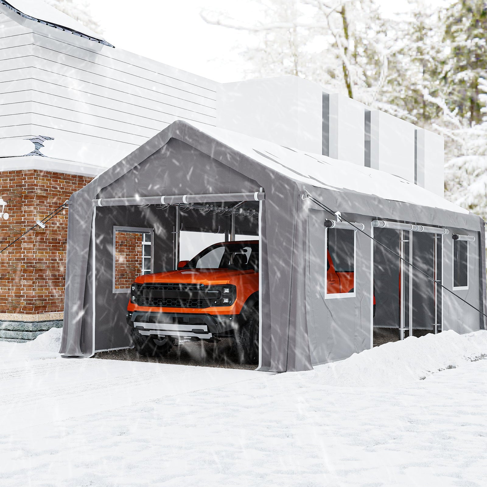 Garvee 13'x20' Heavy Duty Waterproof Carport with 4 Roll-Up Doors & Windows for Pickup Trucks Boats, Silver Grey