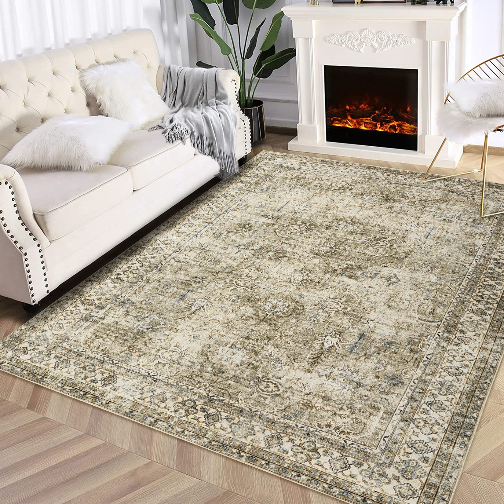 Garvee Persian Brown & Khaki 10x13 Area Extra Large, Washable Living Room Rug Ultra Soft Non-Slip Backing Vintage Floor Cover Retro Carpet for Bedroom Dining Room