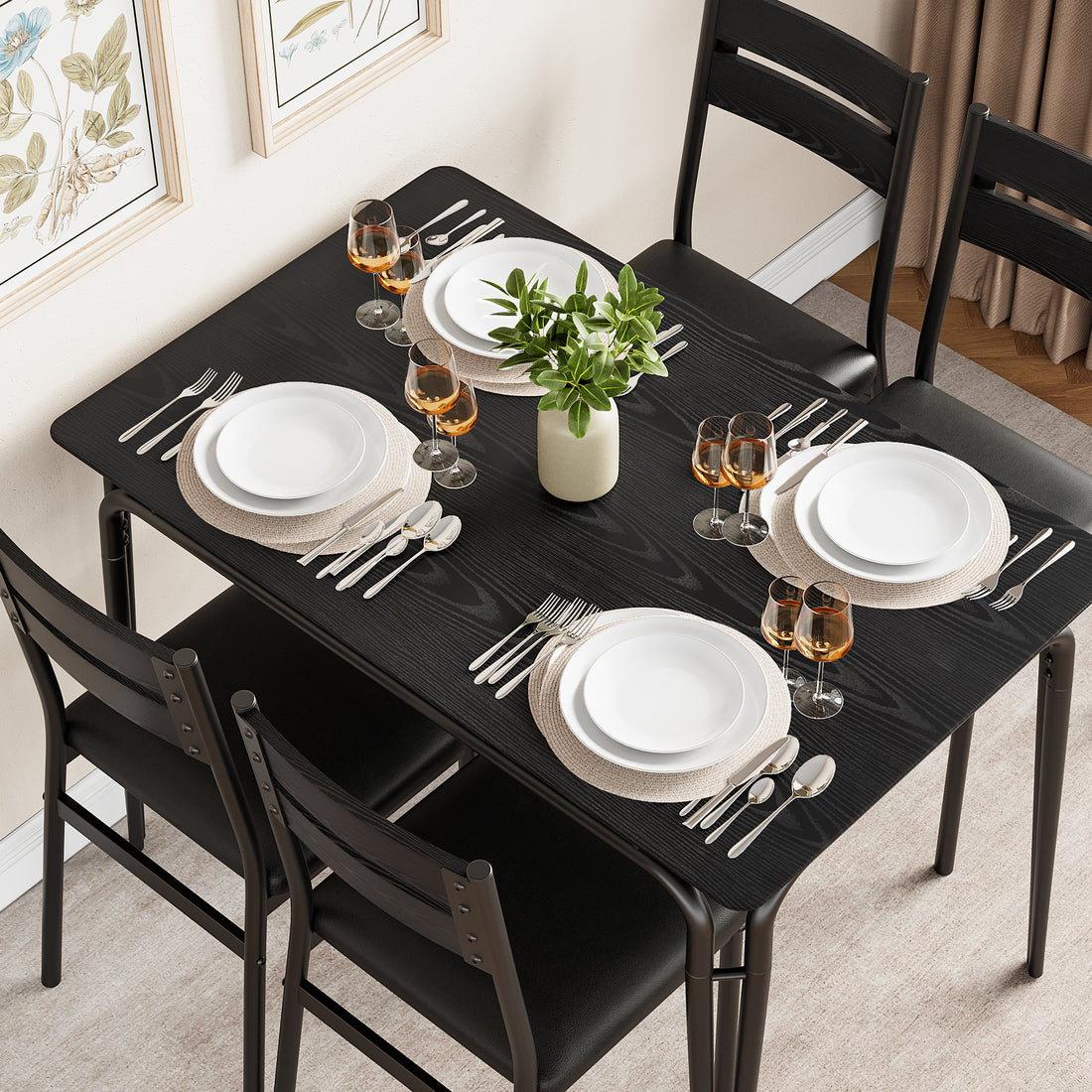 Garvee Modern Dining Table and Chair Set with for Rectangle Wood Table and 4 Upholstered Seats, Black