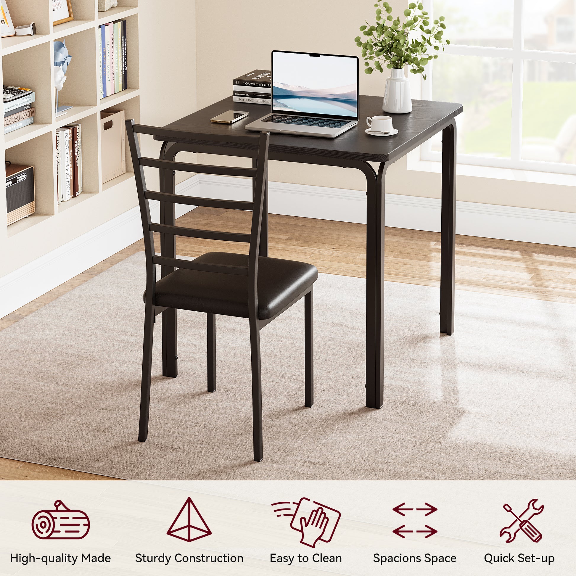 Garvee Small Square Dining Table Set for 2, Space Saving Wood Dinette with Upholstered Seats, Ideal for Kitchen, Dining Room, Home Office, Black