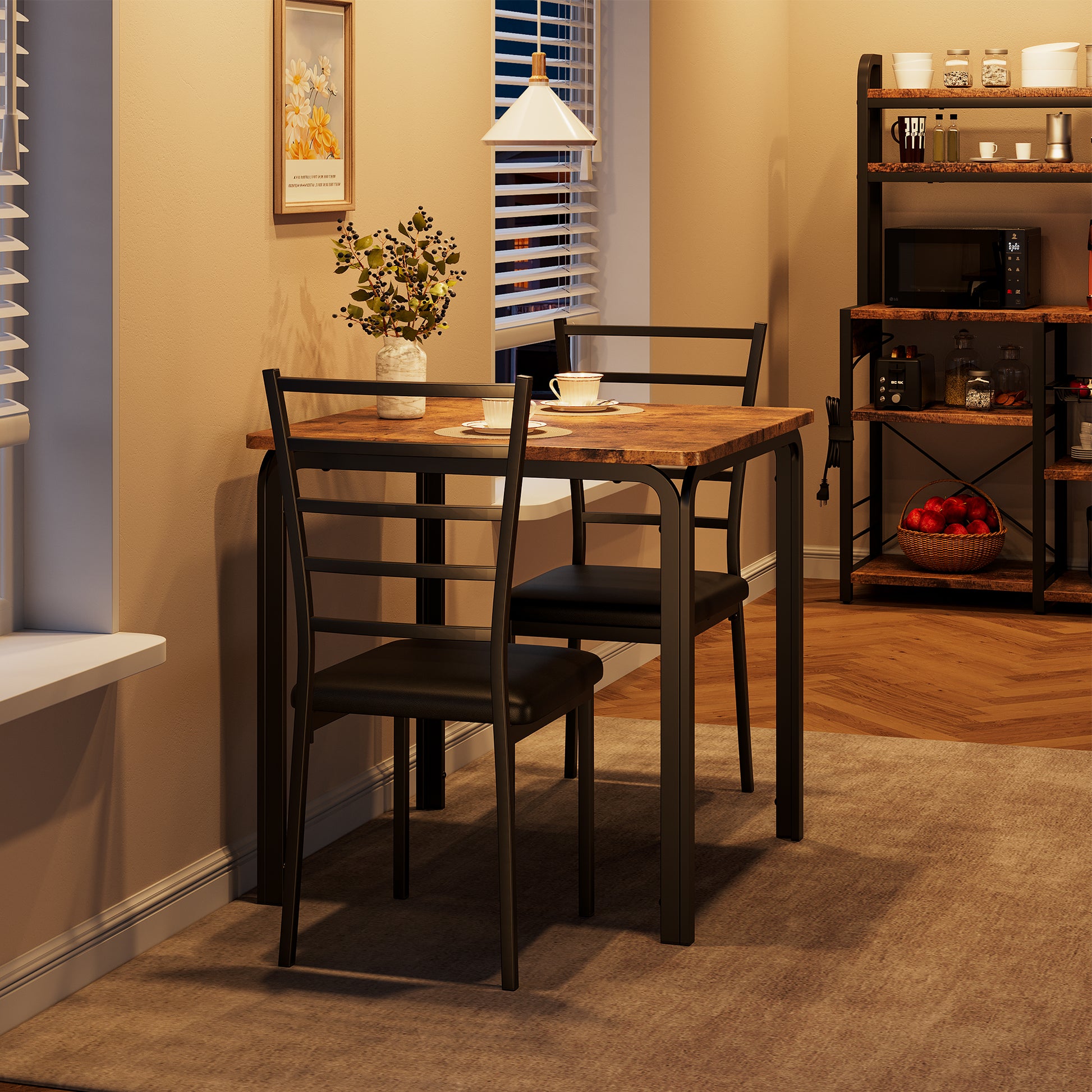 Garvee Small Square Dining Table Set for 2, Space Saving Wood Dinette with Upholstered Seats, Ideal for Kitchen, Dining Room, Home Office, Brown