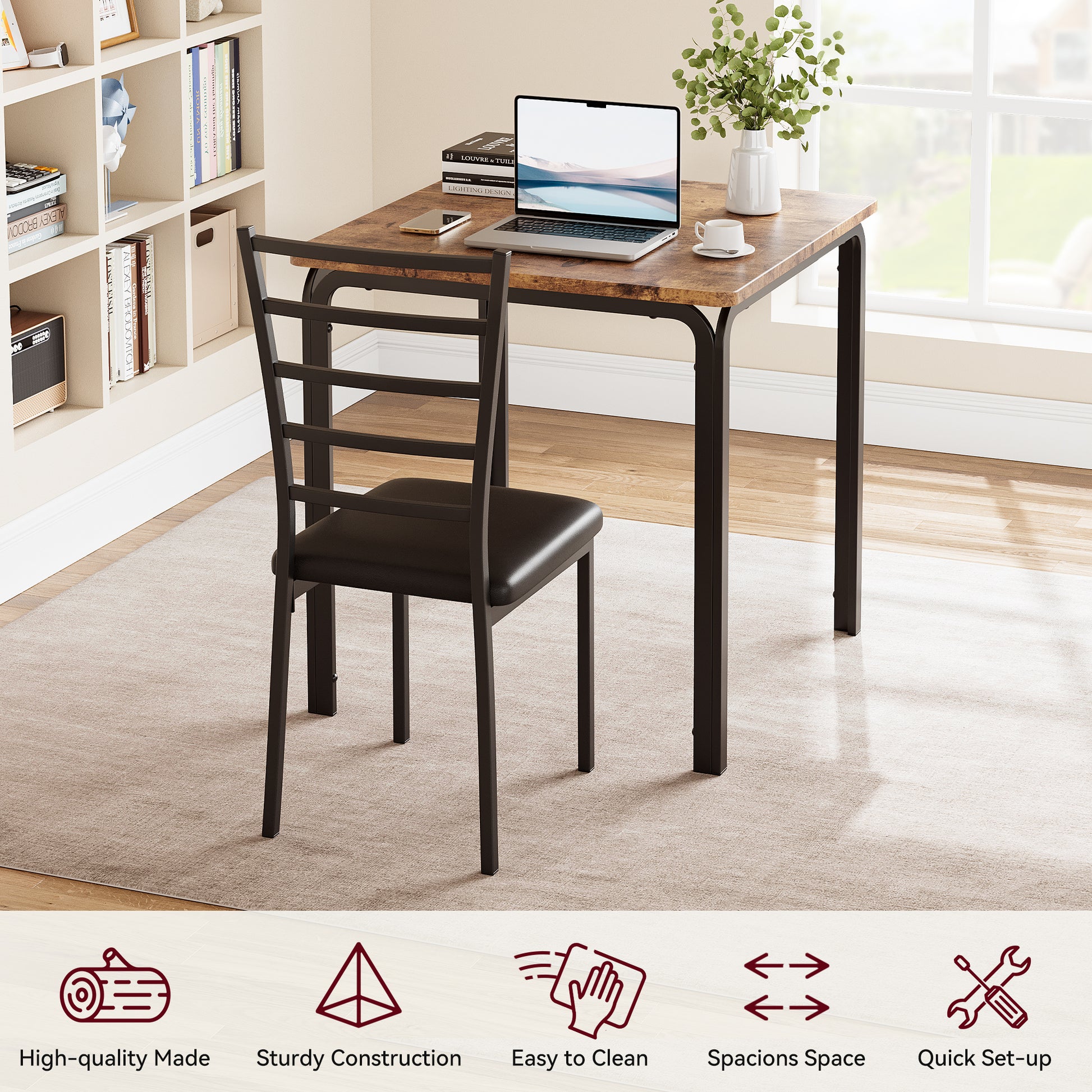 Garvee Small Square Dining Table Set for 2, Space Saving Wood Dinette with Upholstered Seats, Ideal for Kitchen, Dining Room, Home Office, Brown