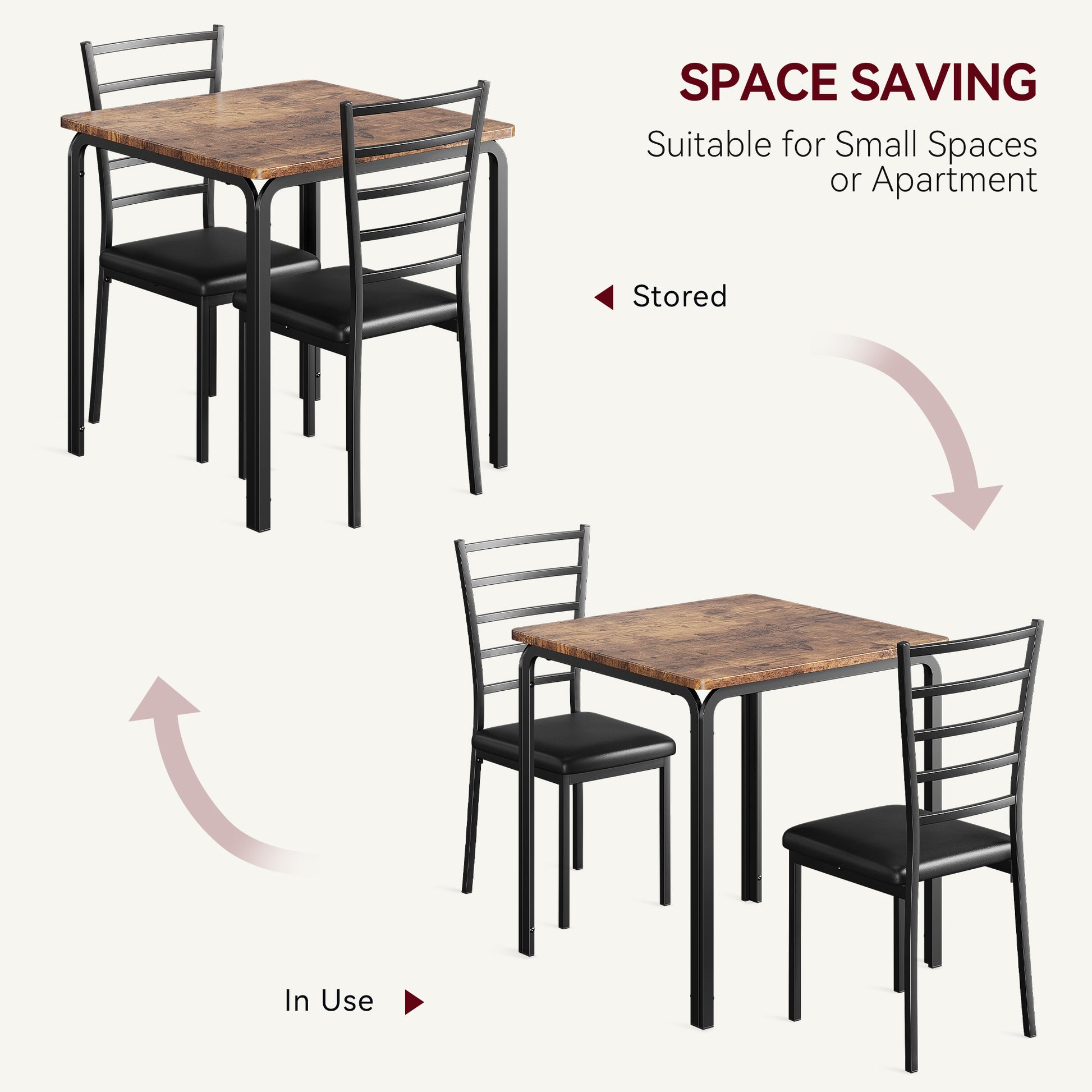 Garvee Small Square Dining Table Set for 2, Space Saving Wood Dinette with Upholstered Seats, Ideal for Kitchen, Dining Room, Home Office, Brown