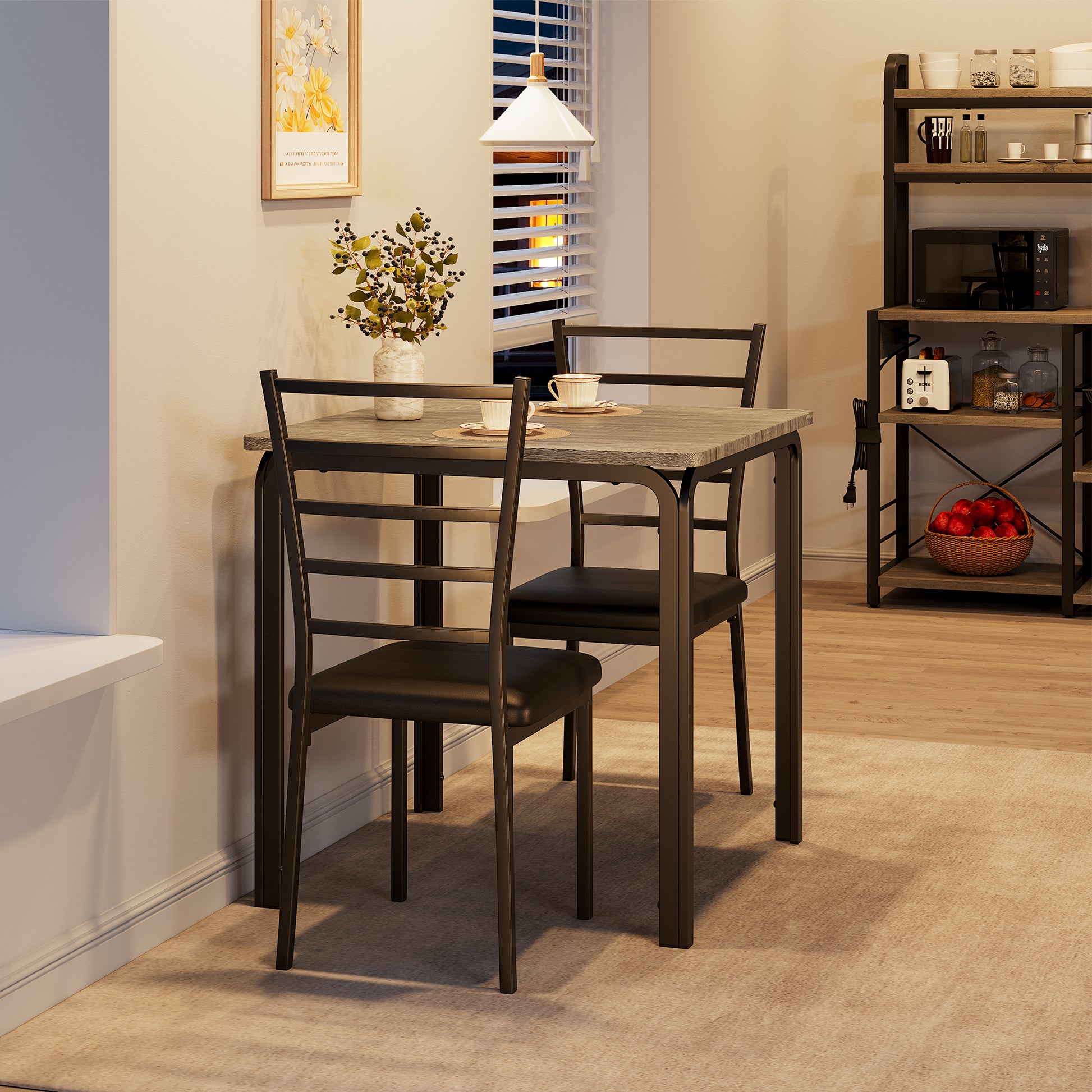 Garvee Small Square Dining Table Set for 2, Space Saving Wood Dinette with Upholstered Seats, Ideal for Kitchen, Dining Room, Home Office, Grey