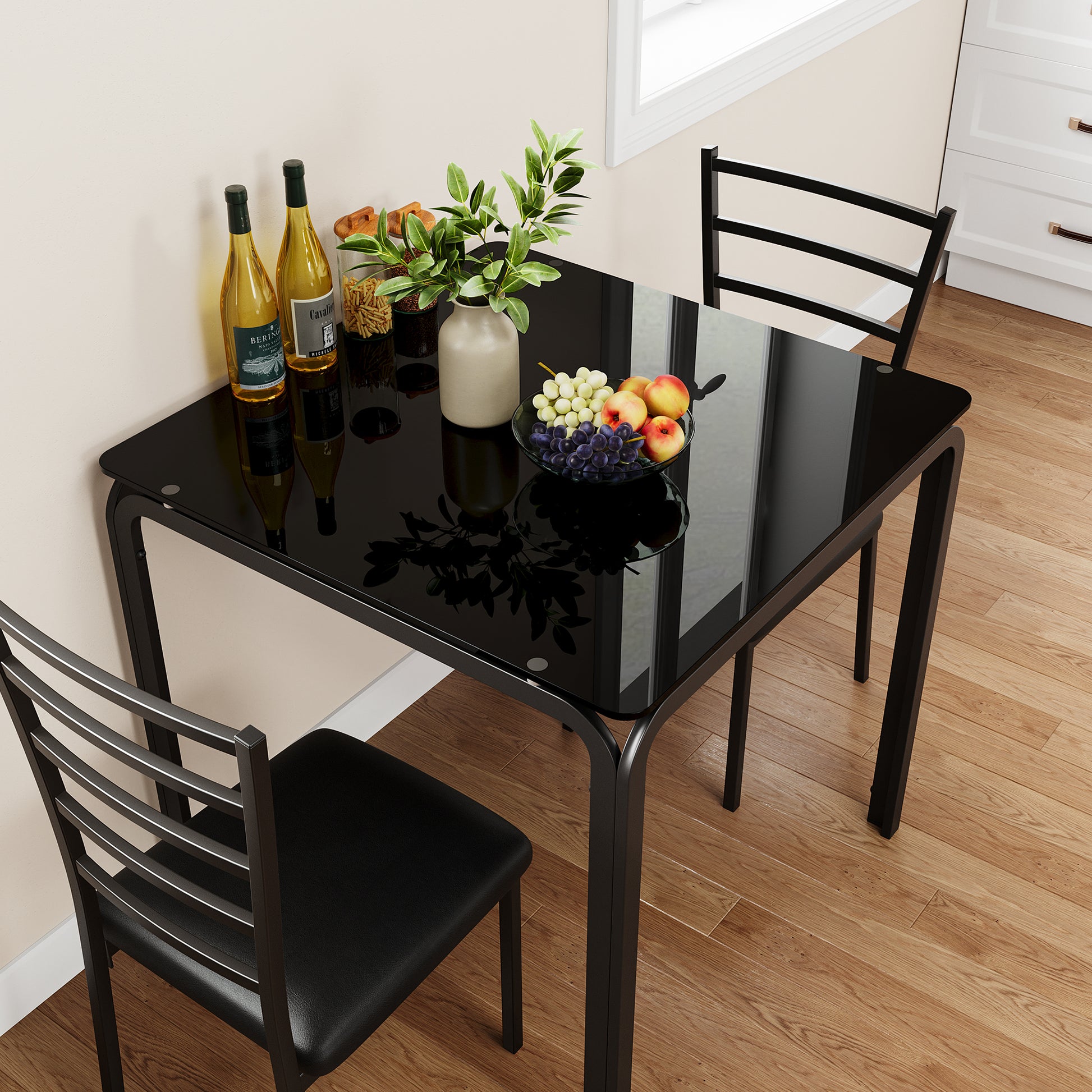 Garvee Glass Dining Table for 2, Space Saving Dinette with Upholstered Seats, Ideal for Kitchen, Dining Room, Home Office, Black Glass