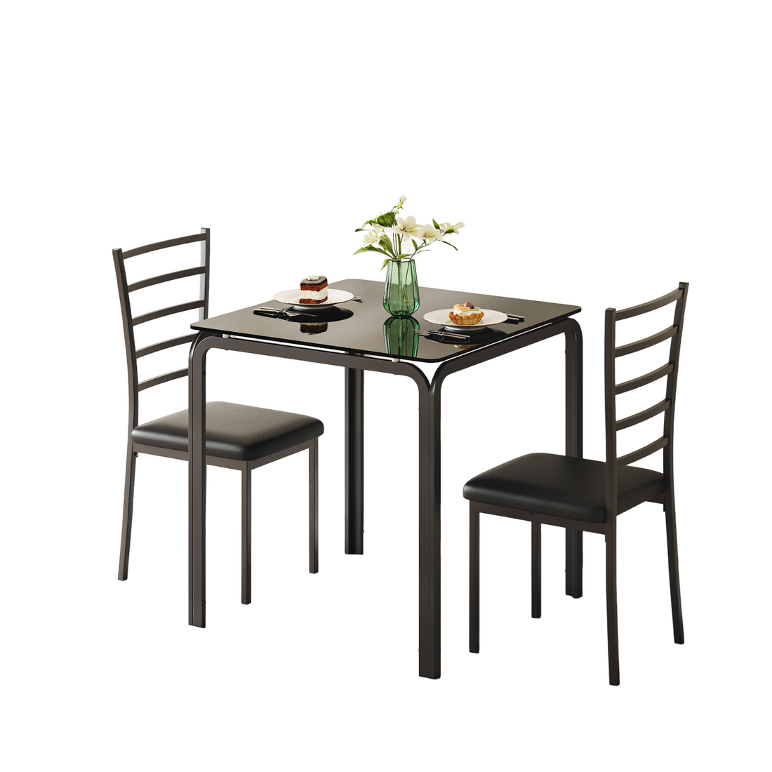 Garvee Glass Dining Table for 2, Space Saving Dinette with Upholstered Seats, Ideal for Kitchen, Dining Room, Home Office, Black Glass