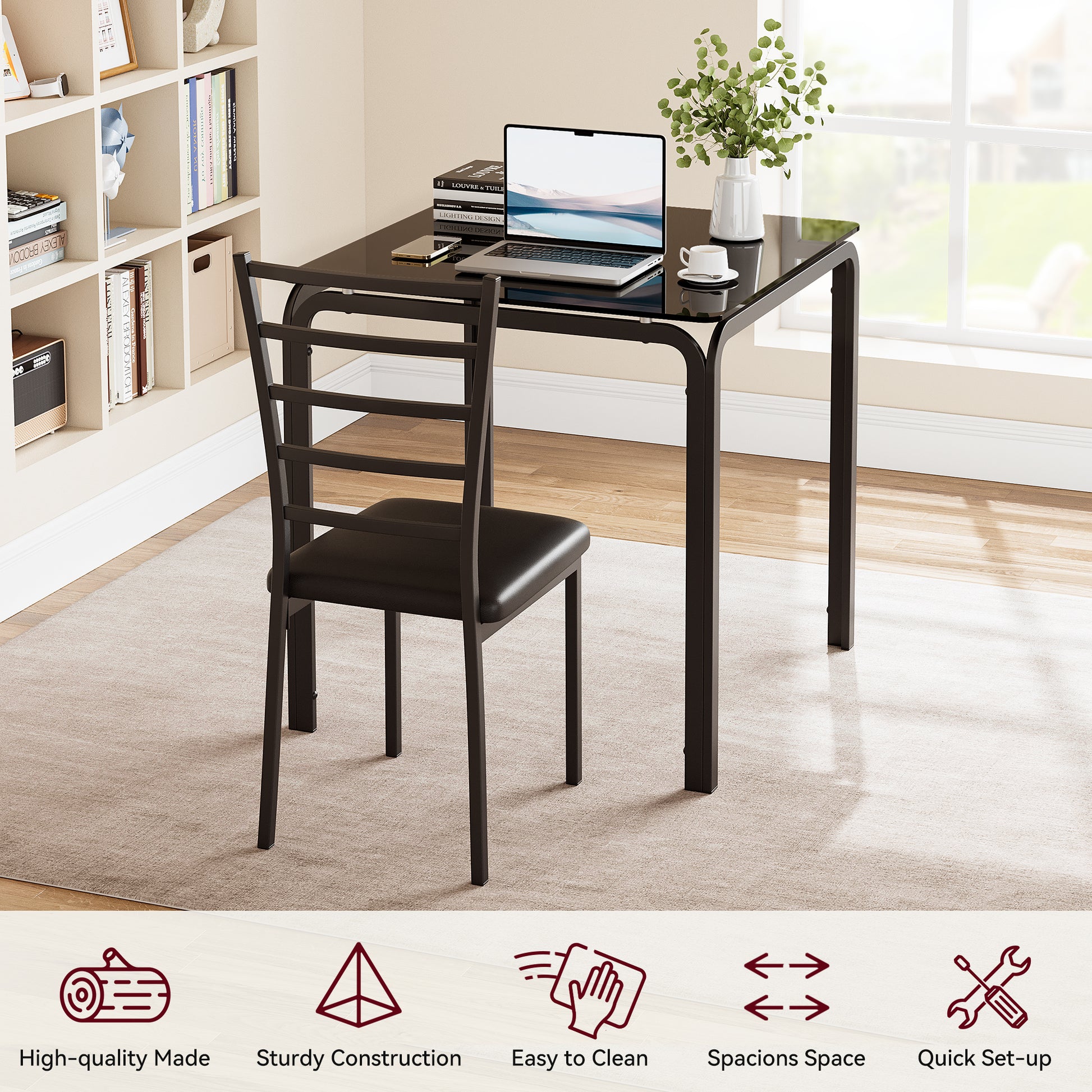 Garvee Glass Dining Table for 2, Space Saving Dinette with Upholstered Seats, Ideal for Kitchen, Dining Room, Home Office, Black Glass