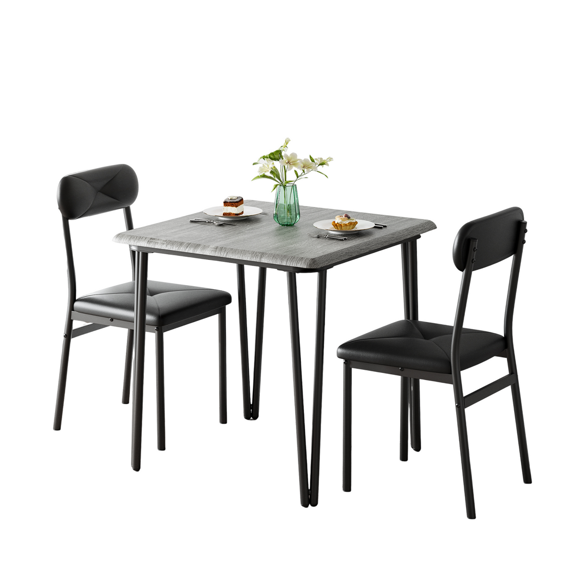 Garvee Dining Table Set for 2, Space-Saving Wood Modern Dinette, Upholstered Seats, Metal Frames, Ideal for Small Spaces, Home Office, Breakfast Nook, Grey