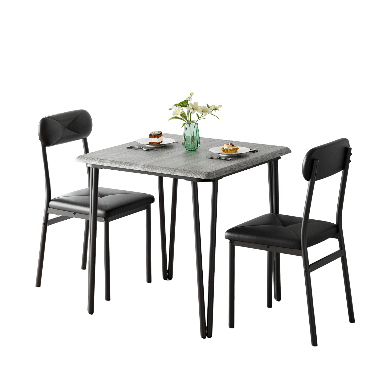 Garvee Dining Table Set for 2, Space-Saving Wood Modern Dinette, Upholstered Seats, Metal Frames, Ideal for Small Spaces, Home Office, Breakfast Nook, Grey
