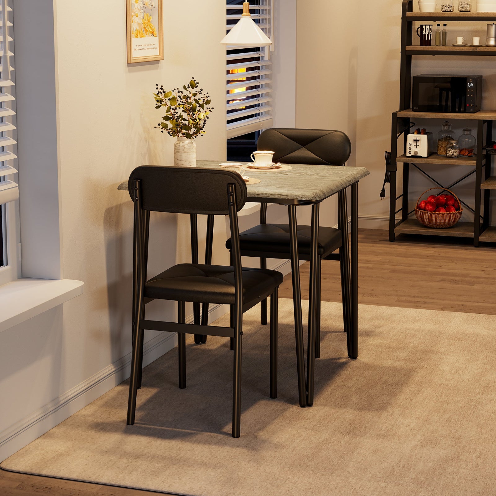 Garvee Dining Table Set for 2, Space-Saving Wood Modern Dinette, Upholstered Seats, Metal Frames, Ideal for Small Spaces, Home Office, Breakfast Nook, Grey