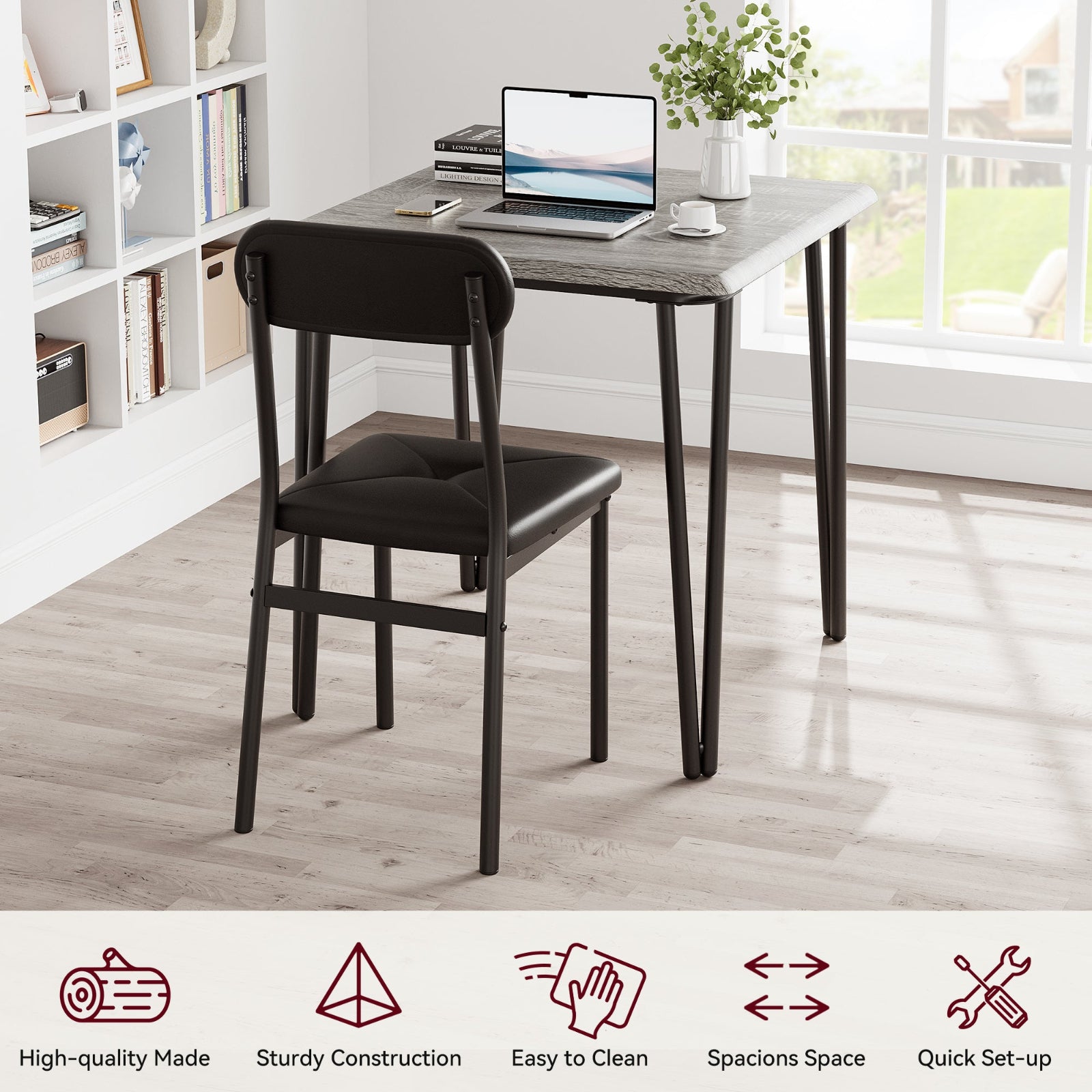 Garvee Dining Table Set for 2, Space-Saving Wood Modern Dinette, Upholstered Seats, Metal Frames, Ideal for Small Spaces, Home Office, Breakfast Nook, Grey