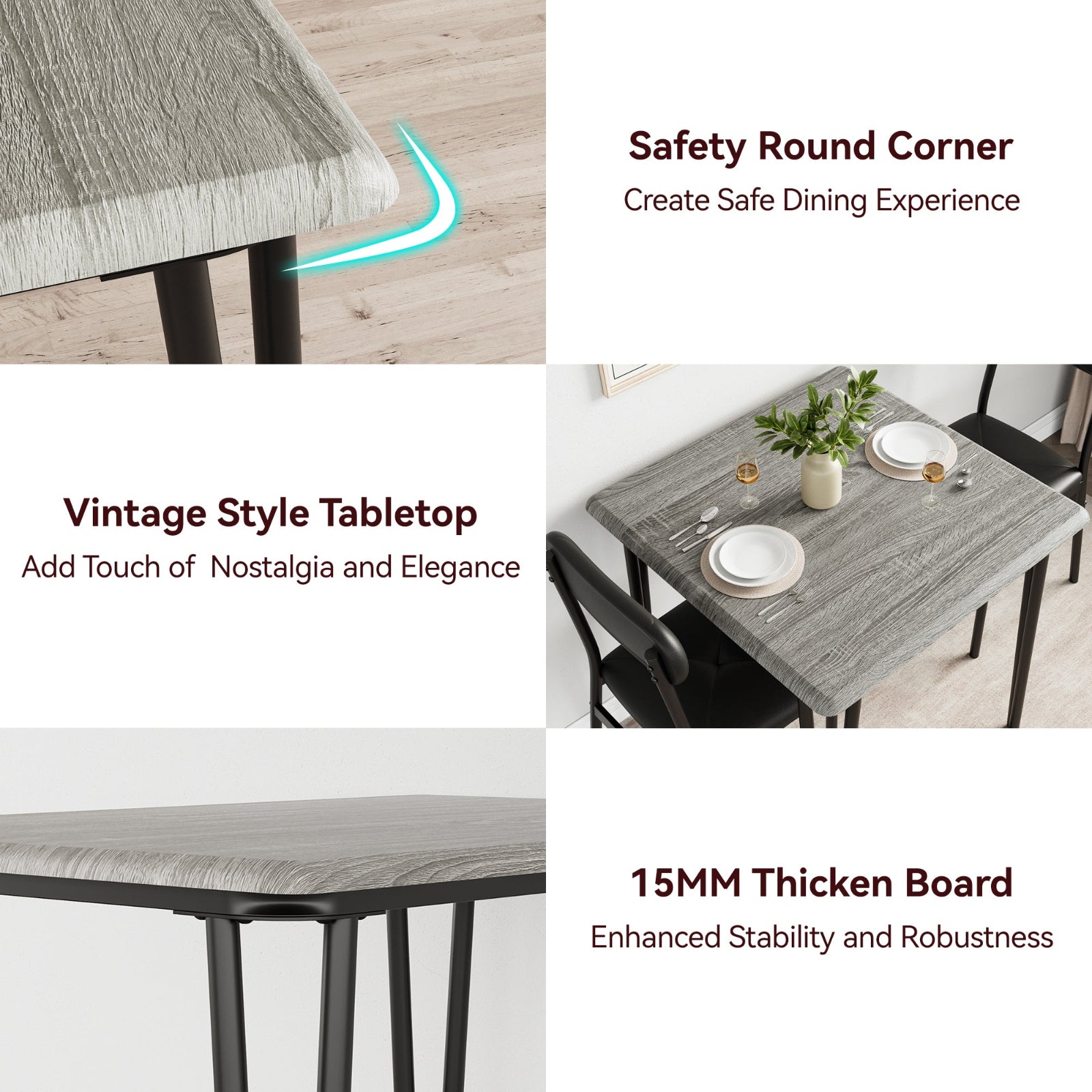 Garvee Dining Table Set for 2, Space-Saving Wood Modern Dinette, Upholstered Seats, Metal Frames, Ideal for Small Spaces, Home Office, Breakfast Nook, Grey