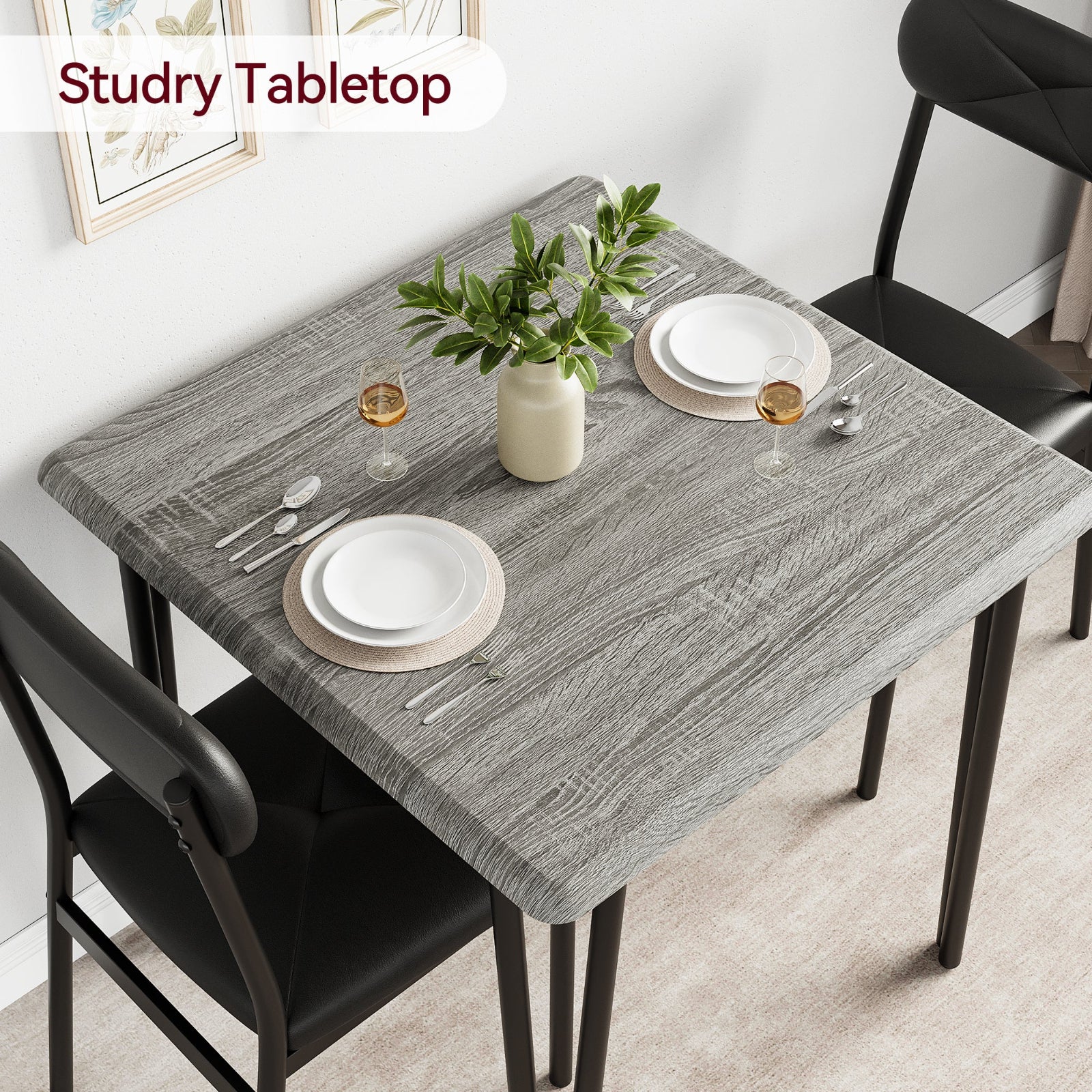 Garvee Dining Table Set for 2, Space-Saving Wood Modern Dinette, Upholstered Seats, Metal Frames, Ideal for Small Spaces, Home Office, Breakfast Nook, Grey