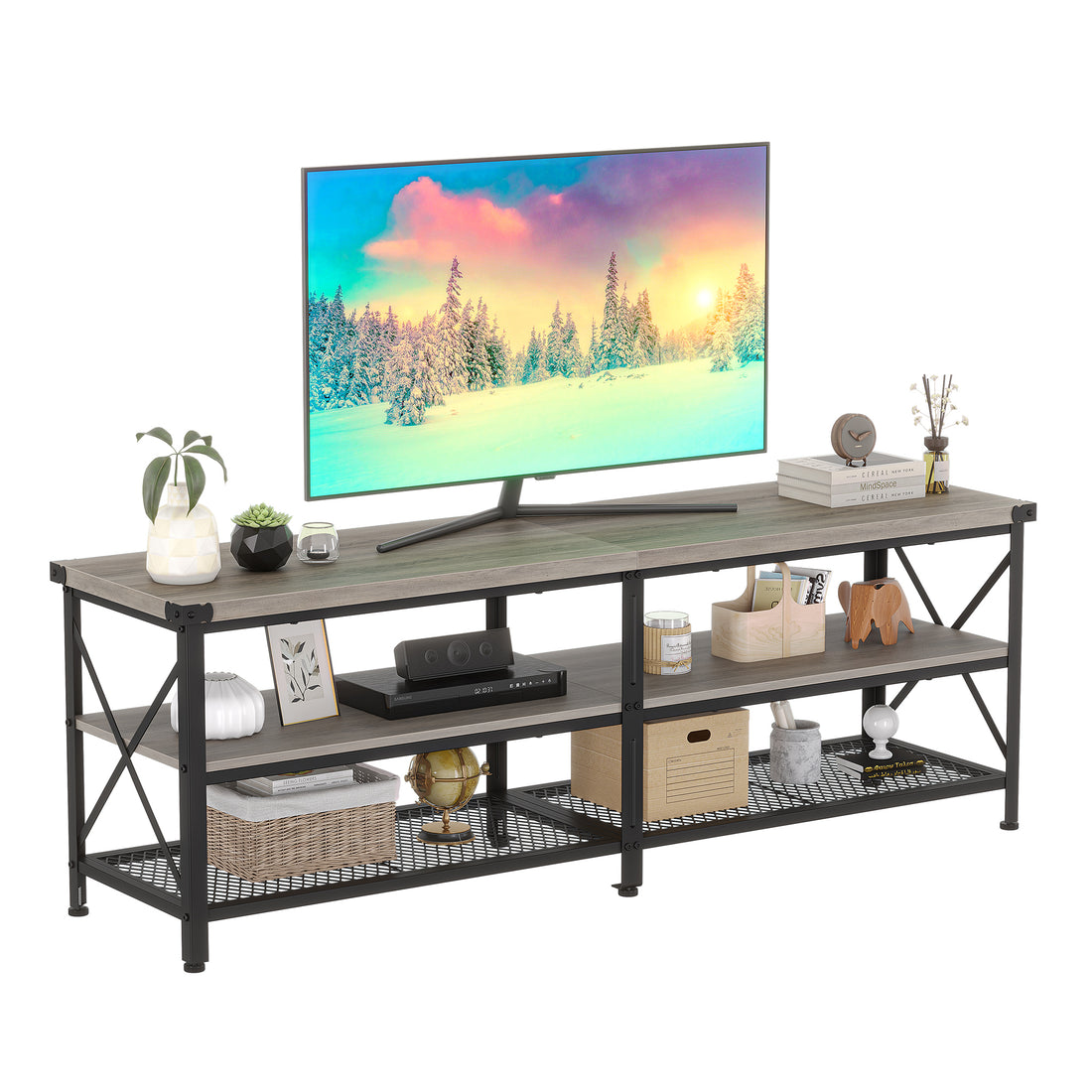 Garvee Industrial TV Stand for 65+ Inch TV, High-Density MDF & Metal, Open Shelves, Adjustable Footpads, Living Room