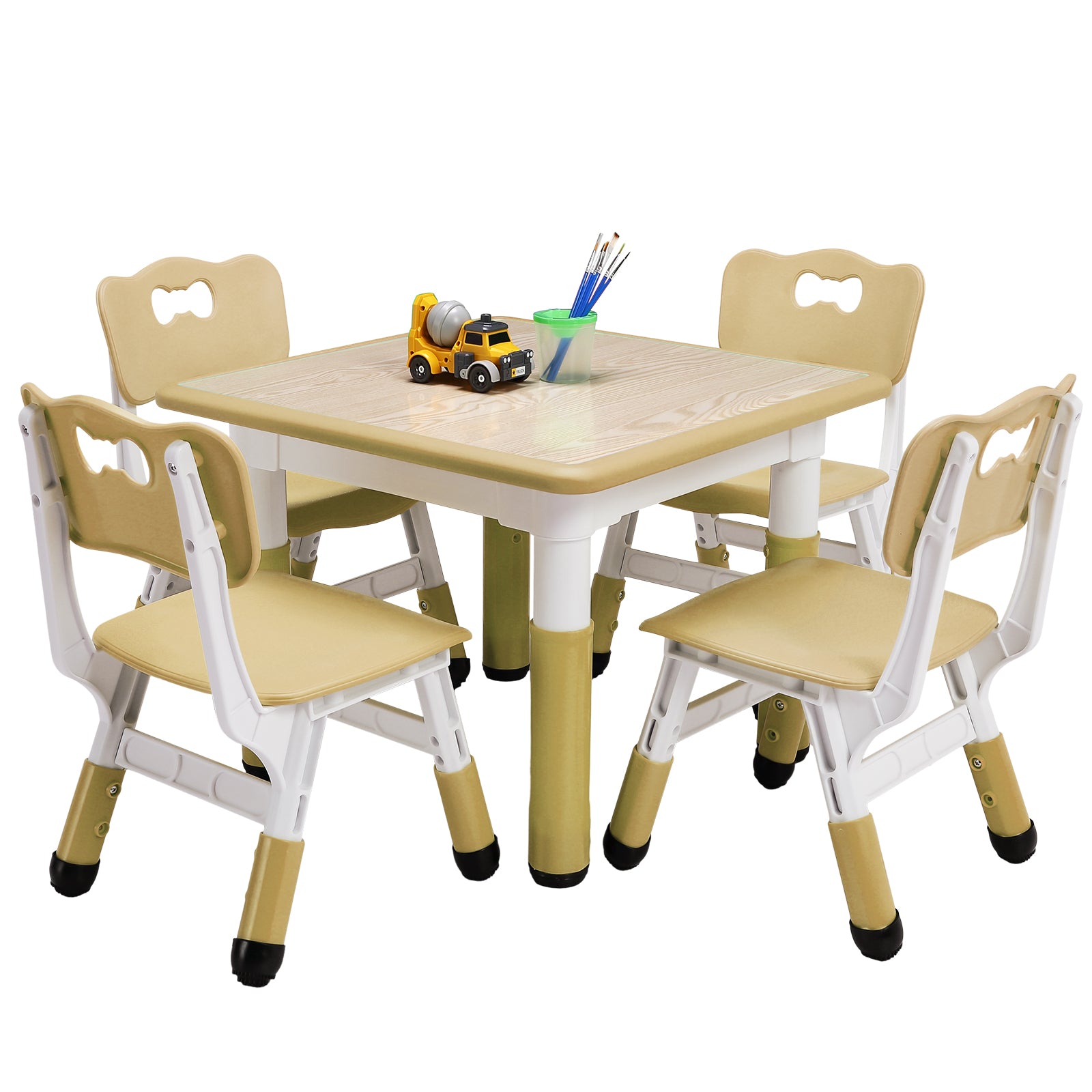 Garvee Square Kids Table and Chairs Set, 60 x 60CM, Height Adjustable Desk with 4 Seats, Graffiti Desktop, Non-Slip Legs, Multi-Activity Table for Classrooms Daycares Home - Wood Color