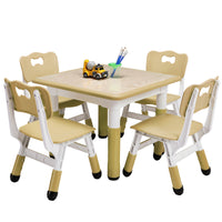 Garvee Square Kids Table and Chairs Set, 60 x 60CM, Height Adjustable Desk with 4 Seats, Graffiti Desktop, Non-Slip Legs, Multi-Activity Table for Classrooms Daycares Home - Wood Color