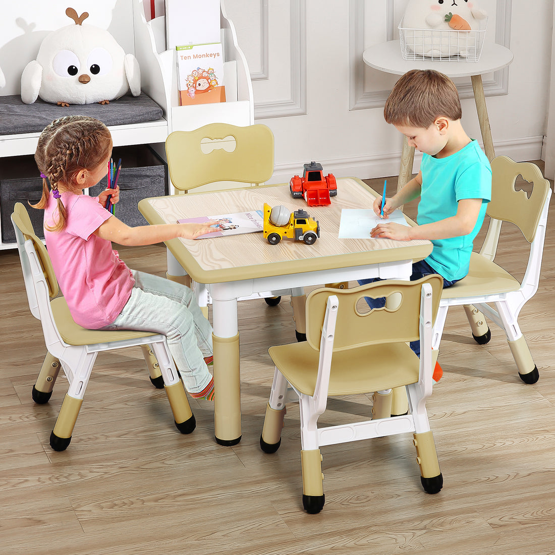 Garvee Square Kids Table and Chairs Set, 60 x 60CM, Height Adjustable Desk with 4 Seats, Graffiti Desktop, Non-Slip Legs, Multi-Activity Table for Classrooms Daycares Home - Wood Color