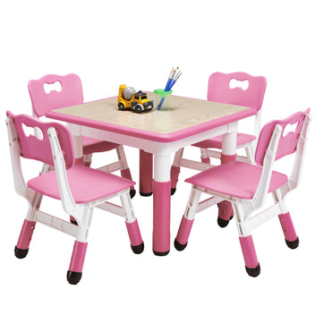 Garvee Square Kids Table and Chairs Set, 60 x 60CM, Height Adjustable Desk with 4 Seats, Graffiti Desktop, Non-Slip Legs, Multi-Activity Table for Classrooms Daycares Home - Pink Color