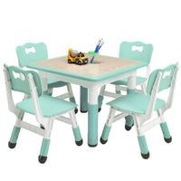 Garvee Square Kids Table and Chairs Set, 60 x 60CM, Height Adjustable Desk with 4 Seats, Graffiti Desktop, Non-Slip Legs, Multi-Activity Table for Classrooms Daycares Home - Light Blue Color