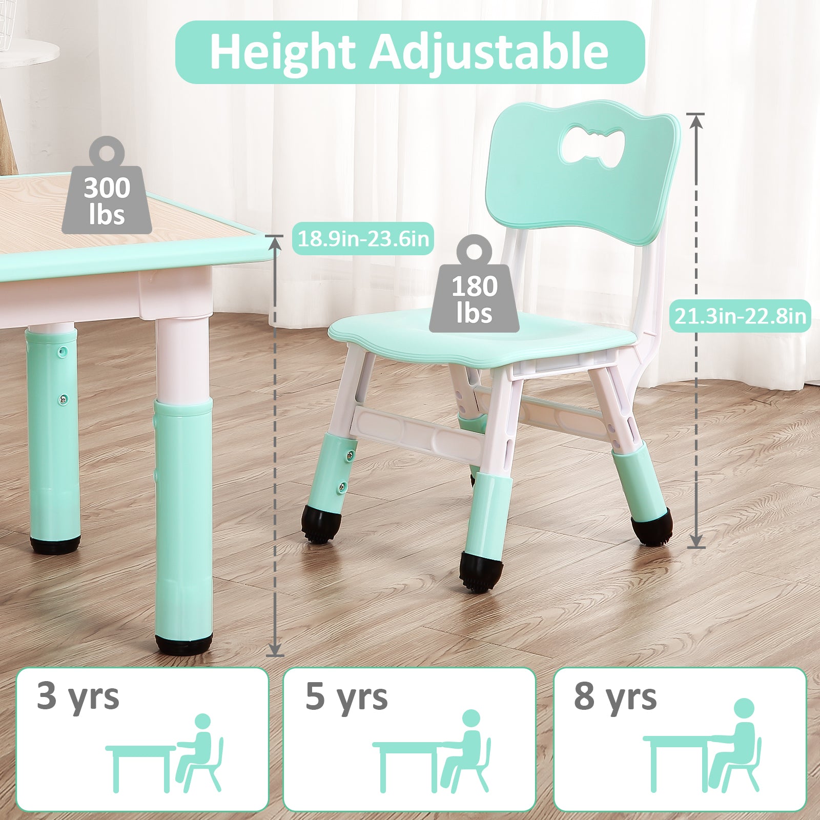 Garvee Square Kids Table and Chairs Set, 60 x 60CM, Height Adjustable Desk with 4 Seats, Graffiti Desktop, Non-Slip Legs, Multi-Activity Table for Classrooms Daycares Home - Light Blue Color