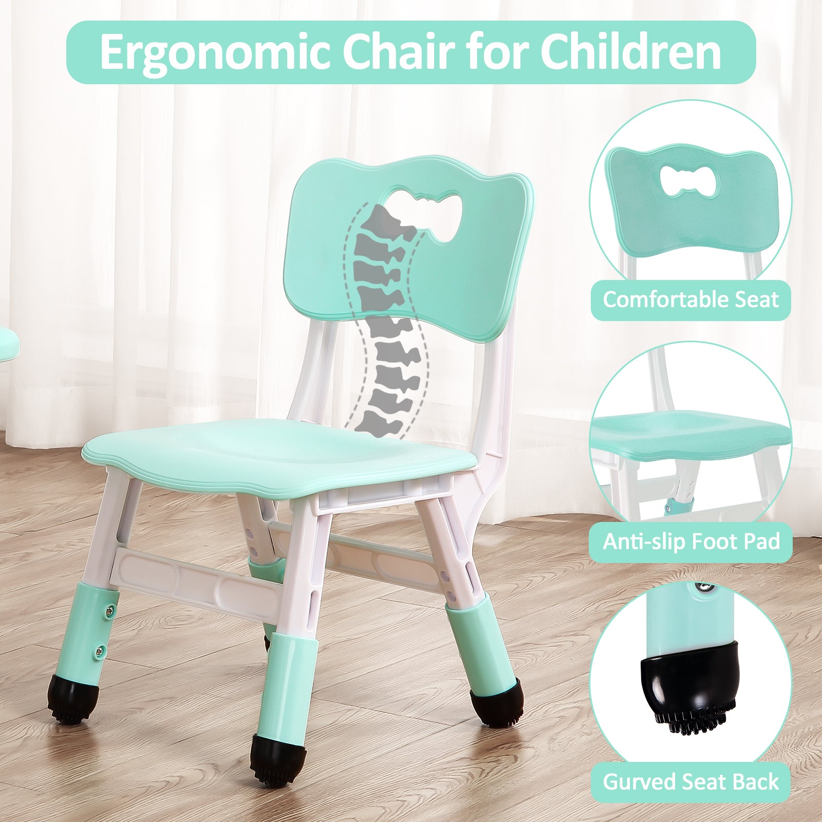 Garvee Square Kids Table and Chairs Set, 60 x 60CM, Height Adjustable Desk with 4 Seats, Graffiti Desktop, Non-Slip Legs, Multi-Activity Table for Classrooms Daycares Home - Light Blue Color