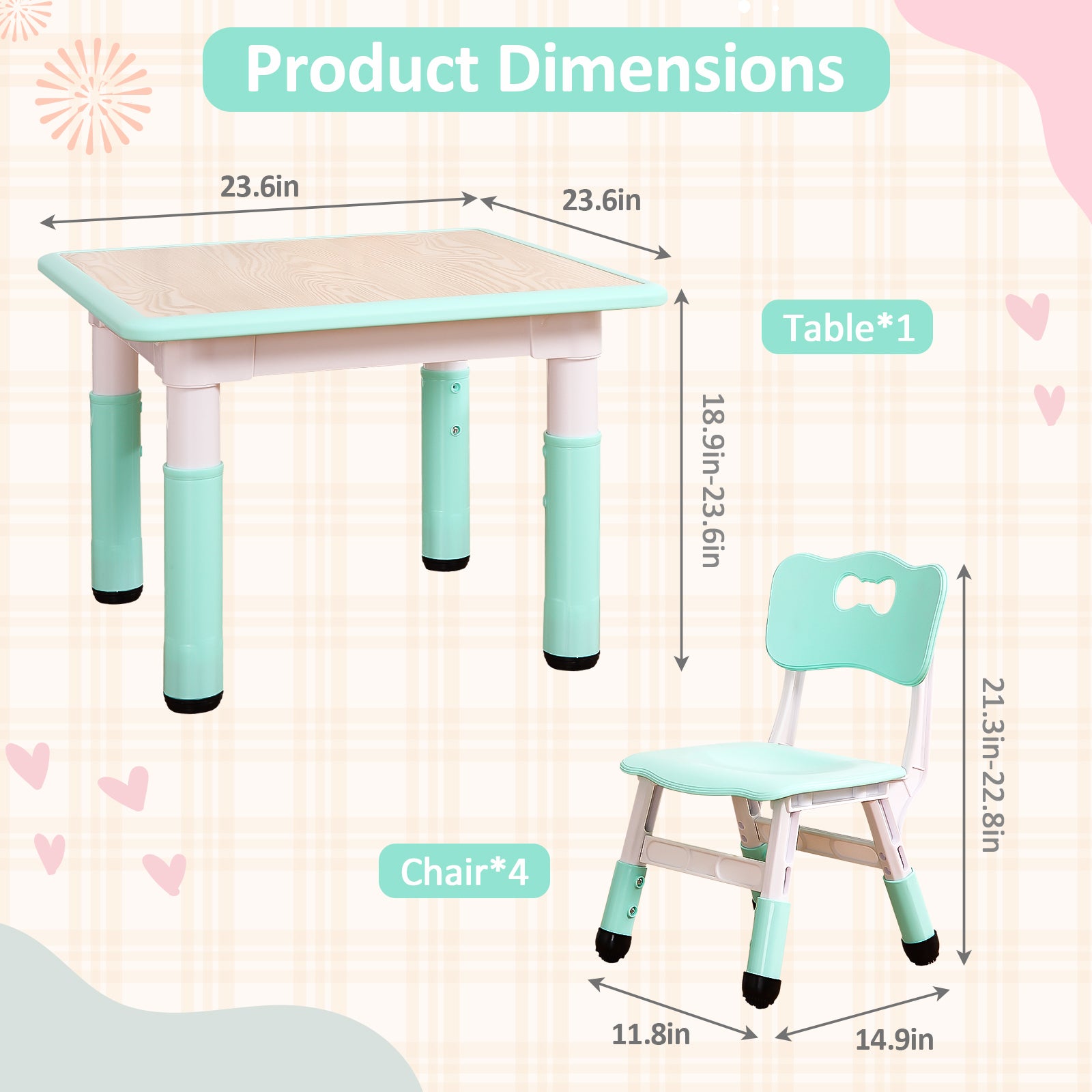 Garvee Square Kids Table and Chairs Set, 60 x 60CM, Height Adjustable Desk with 4 Seats, Graffiti Desktop, Non-Slip Legs, Multi-Activity Table for Classrooms Daycares Home - Light Blue Color