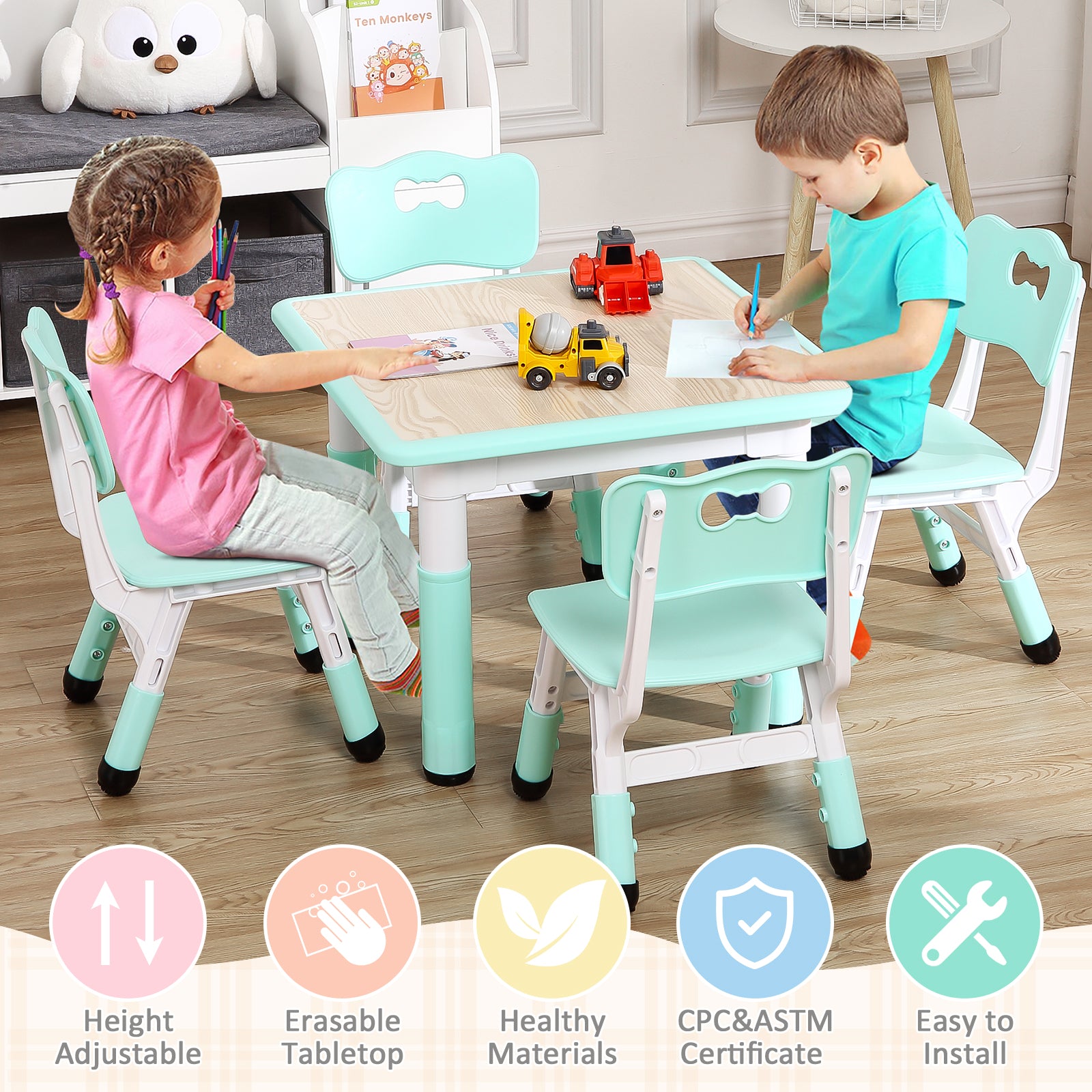 Garvee Square Kids Table and Chairs Set, 60 x 60CM, Height Adjustable Desk with 4 Seats, Graffiti Desktop, Non-Slip Legs, Multi-Activity Table for Classrooms Daycares Home - Light Blue Color