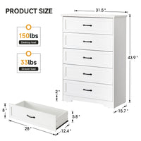 Garvee 5 Drawers Dresser for Bedroom, Chest of Drawers with Wide Metal Handle, Farmhouse Modern Wooden Dresser Storage Organizer for Bedroom, Living Room, Kids Room(White)