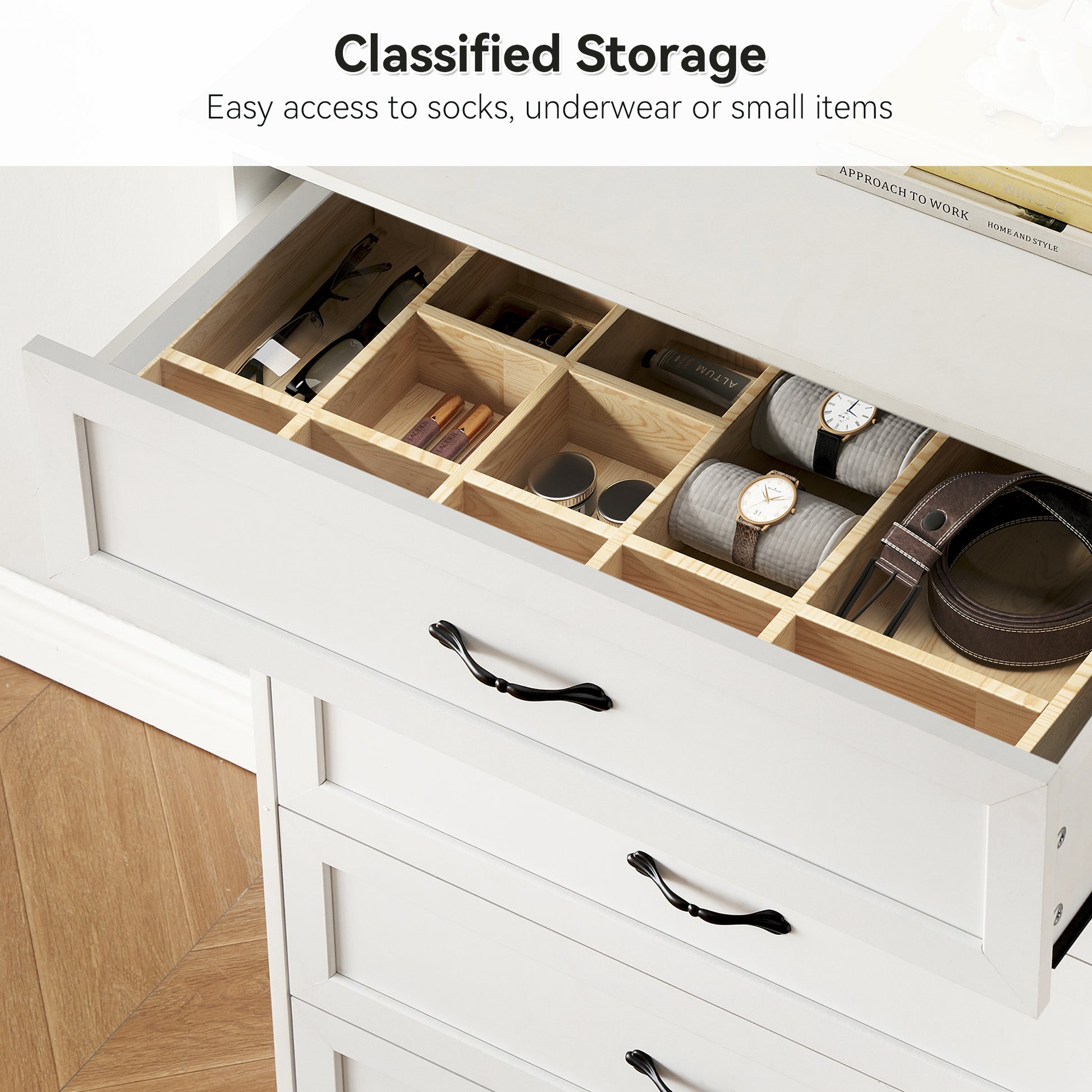 Garvee 5 Drawers Dresser for Bedroom, Chest of Drawers with Wide Metal Handle, Farmhouse Modern Wooden Dresser Storage Organizer for Bedroom, Living Room, Kids Room(White)