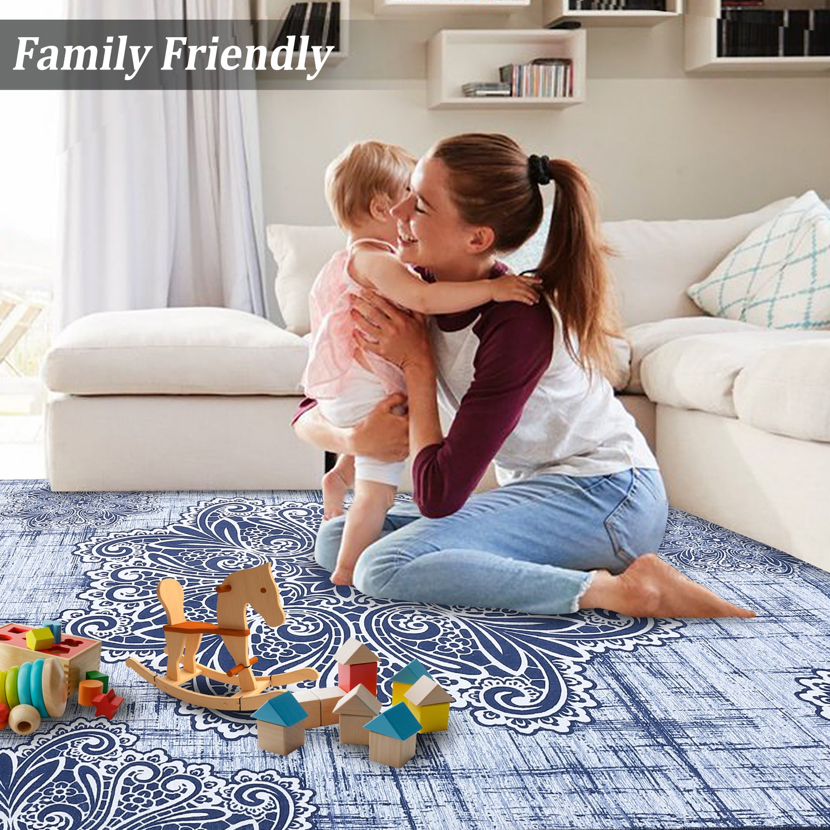 Garvee Washable Area Rug 3x5 Non-Slip Indoor Rug for Kitchen Entryway Low-Pile Front Door Mat for Bedroom Entry Foyer Laundry Room, Blue