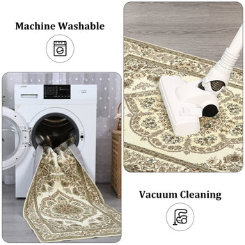 Garvee Door Mat 2x3 Washable Neutral Area Rugs for Bedroom, Non Slip Low Pile Vintage Floral Small Carpet, Stain Resistant Traditional Oriental Medallion Rugs for Entryway, Kitchen, Bathroom, Yellow