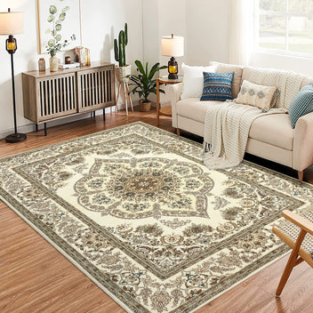 Garvee Washable Yellow 10x13 Rugs Non-Slip Neutral Area Rugs for Living Room, Low Pile Vintage Floral Distressed Small Carpet, Oriental Medallion Foldable Floor Mats for Hallway Bathroom Laundry, Yellow