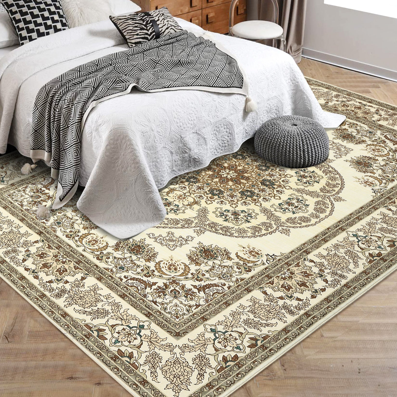 Garvee Washable Yellow 10x13 Rugs Non-Slip Neutral Area Rugs for Living Room, Low Pile Vintage Floral Distressed Small Carpet, Oriental Medallion Foldable Floor Mats for Hallway Bathroom Laundry, Yellow