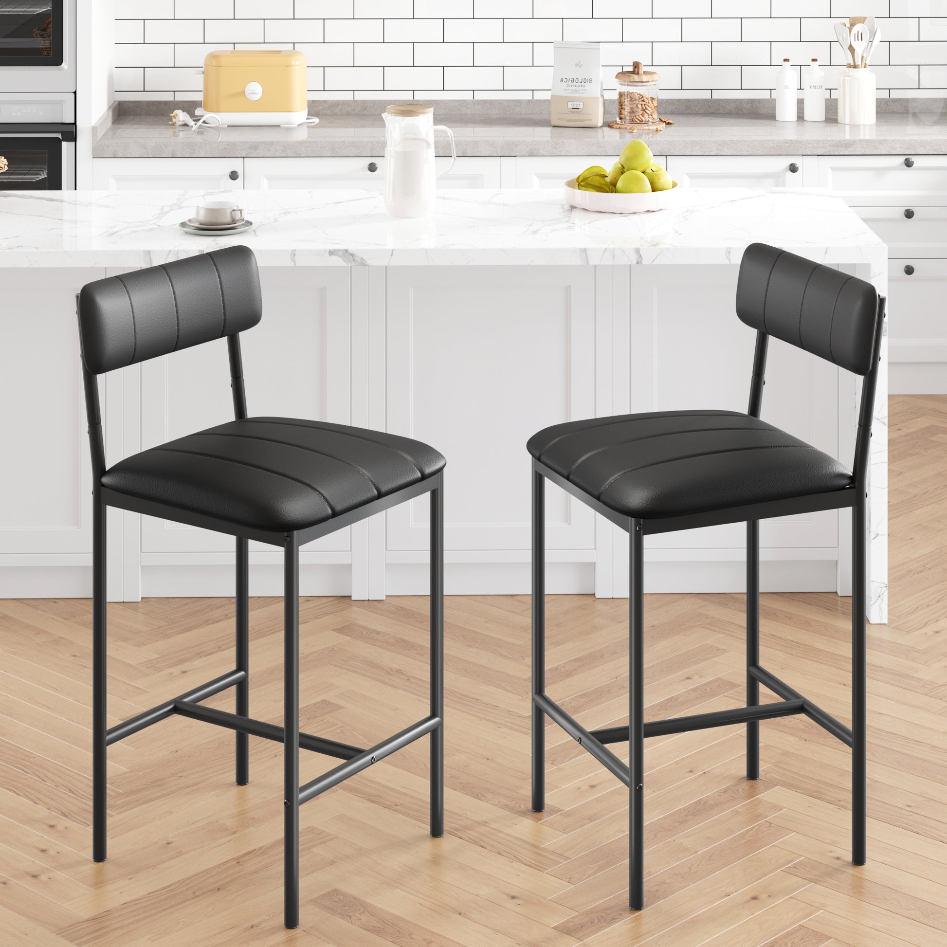Garvee Counter Height Bar Stools Set of 2, Classic Barstools with PU Leather, Footrest, Ergonomic Soft Backrest, Easy Assembly, Ideal for Kitchen Island, Black