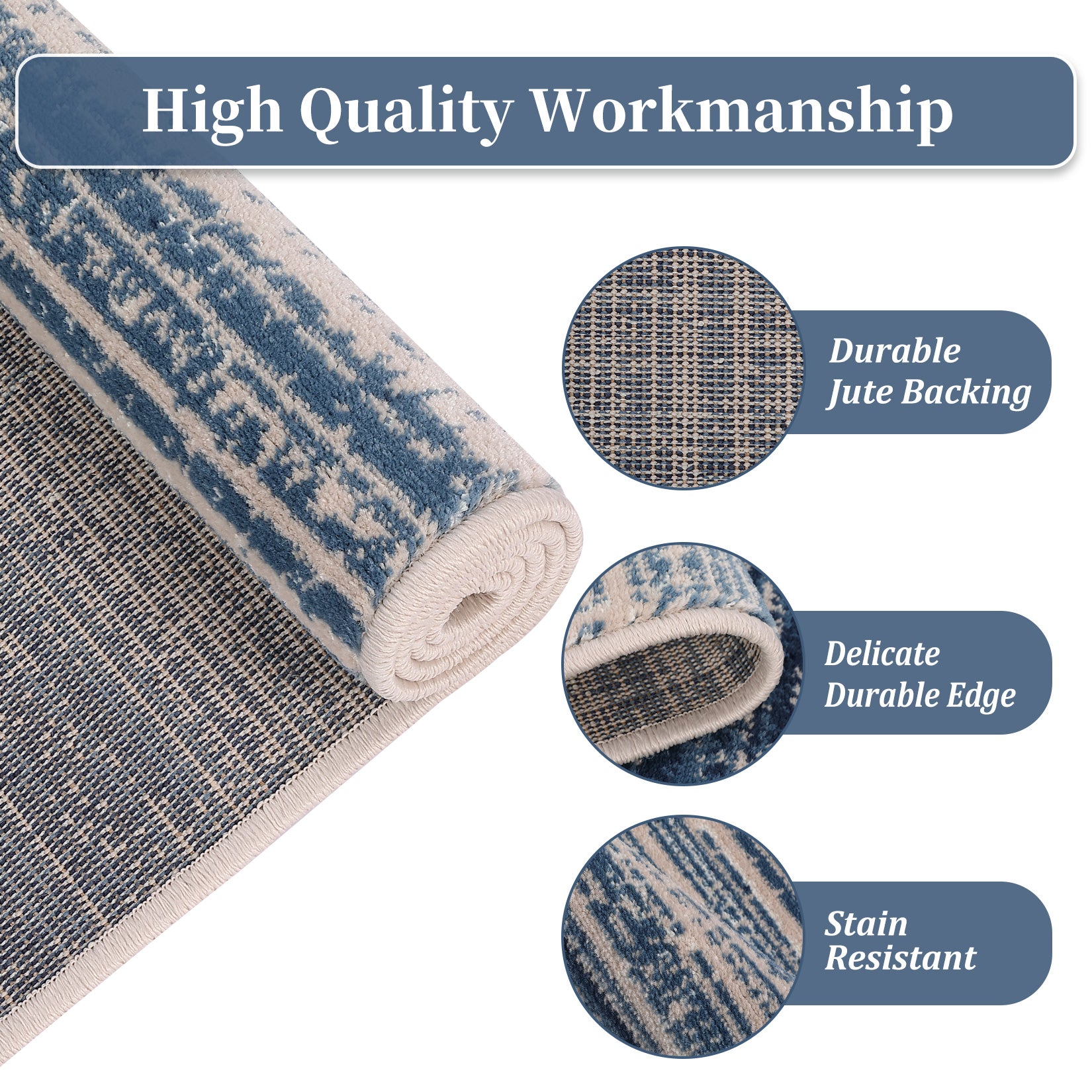 Garvee Modern Blue Geometric Area Rug 9x12 - Low Pile, Non-Slip - Durable Polypropylene, Jute Backing - Living Room, Bedroom, Dining Room