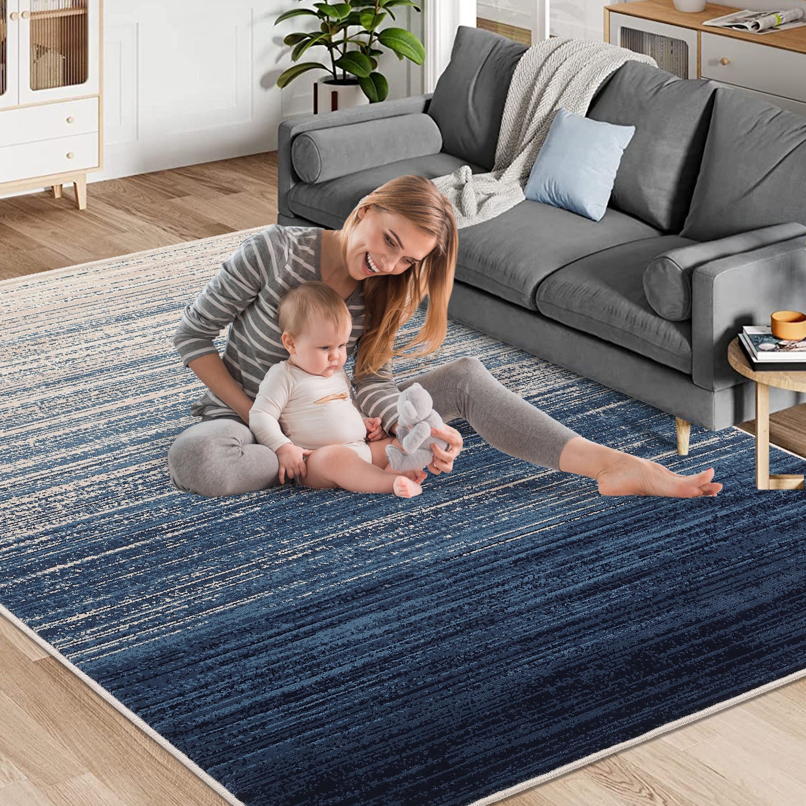 Garvee Modern Blue Geometric Area Rug 9x12 - Low Pile, Non-Slip - Durable Polypropylene, Jute Backing - Living Room, Bedroom, Dining Room