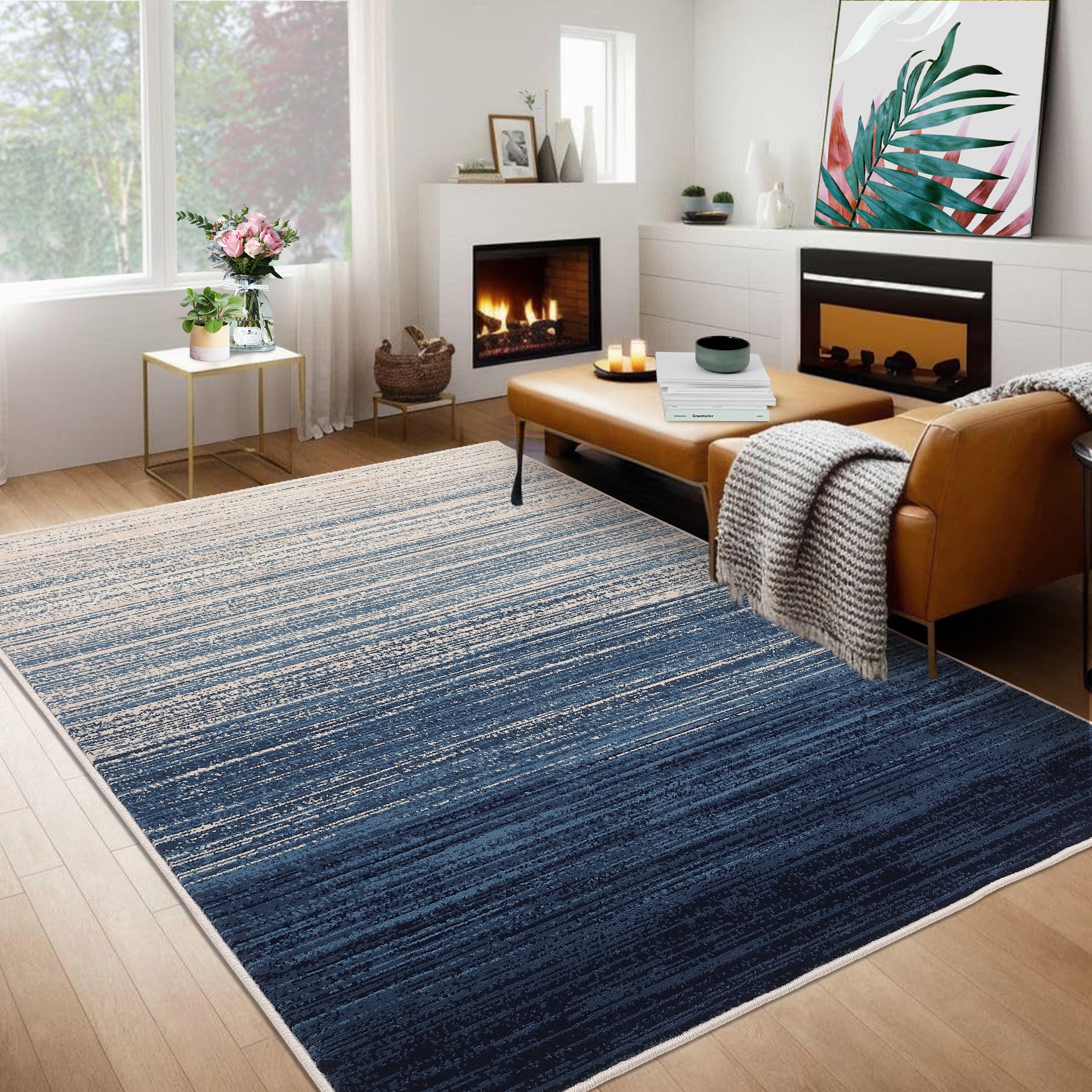 Garvee Modern Blue Geometric Area Rug 9x12 - Low Pile, Non-Slip - Durable Polypropylene, Jute Backing - Living Room, Bedroom, Dining Room